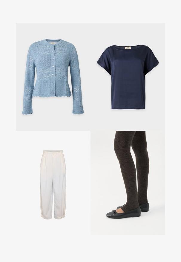 Cardigan tricoté bleu clair à manches longues, boutonnage devant, encolure ronde et bords festonnés aux poignets et à l'ourlet.; Blouse bleu marine à manches courtes avec encolure ronde et poignets repliés, présentée sur un fond clair uni.; Pantalon blanc taille haute à jambes larges avec plis, fermeture devant par bouton et zip, et brides réglables à boutons aux ourlets des chevilles.; Jambes portant des leggings côtelés foncés associés à des ballerines noires avec de petits détails en nœud sur fond blanc.