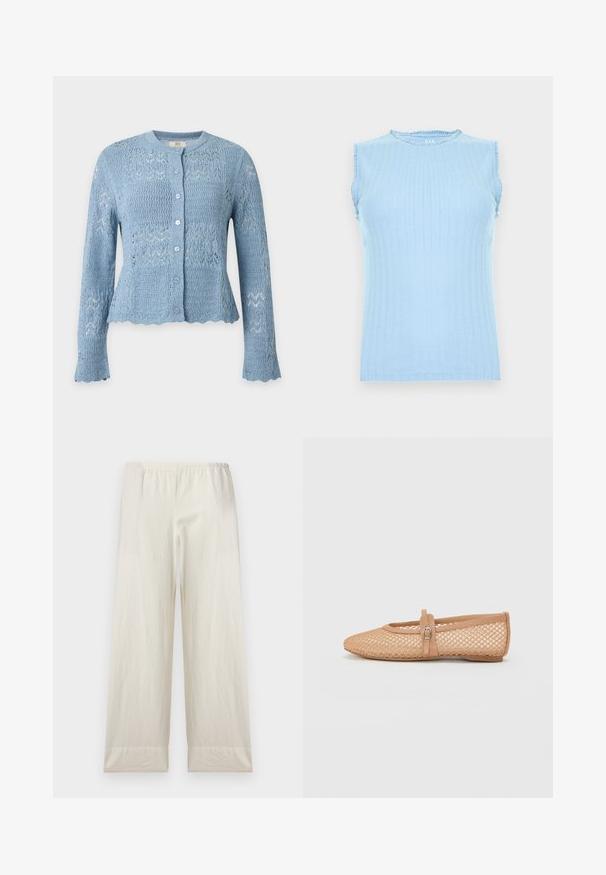 Cardigan tricoté bleu clair à manches longues, boutonnage devant, encolure ronde et bords festonnés aux poignets et à l'ourlet.; Haut tricoté sans manches bleu clair avec un motif vertical subtil et un petit volant sur l'encolure et les emmanchures.; Pantalon ample couleur crème avec taille élastique et larges revers, présenté sur un fond clair uni.; Ballerines en mesh nude avec un bout pointu, un talon fermé, et une sangle décorative avec une boucle sur le cou-de-pied. Surface texturée.