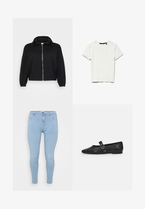 Sort zip-up hættetrøje lavet af blødt stof, med en afslappet pasform, lange ærmer og en hætte med snor samt ribbede manchetter og kant.; Enkel hvid ribstrikket bomulds T-shirt med korte ærmer og rund halsudskæring, vist fladt på hvid baggrund.; Lysblå skinny jeans lavet af denim, med knaplukning, fem lommer og en glat, let falmet tekstur.; Sorte læder flade sko med rund tå, et enkelt justerbart spænde og en glat, blank overflade. Minimalistisk design med en lav hæl.