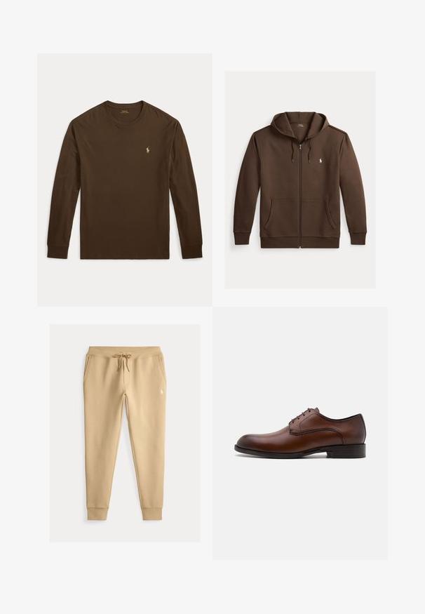 Pruun lukuga kapuutsiga dressipluus, ees taskud, soonikkoes mansetid ning väike valge Polo Ralph Laureni logo vasakul rinnal.; Pruun pikkade varrukatega T-särk, valmistatud puuvillast. Omab ümara kaelusega lõiget ja väikest kuldset logo vasakul rinnal. Sile pind.; Beezit värvi kitsad dressipüksid paelaga vöökohal, küljetaskud, soonikkäärid ja väike valge tikandiga logo vasakul reiel.; Prune nahkkingad, millel on õhuke disain, ümmargune varvas, viie silmaaukuga paeltesulg, ja madal kihiline konts. Omab peent õmblust.
