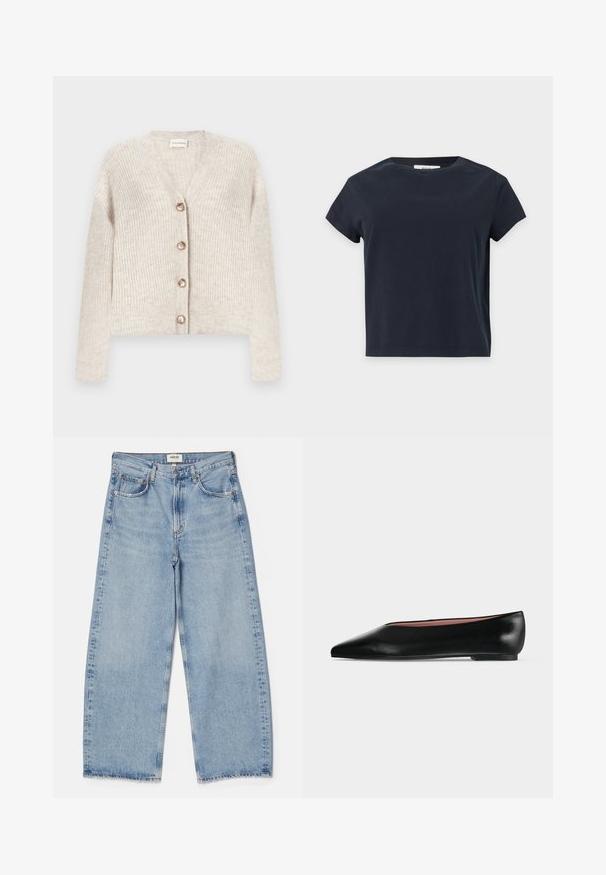 Beige geribbelde gebreide cardigan met V-hals, lange mouwen en vier knopen aan de voorkant, plat gelegd op een witte achtergrond.; Effen zwart T-shirt met korte mouwen en een ronde hals met een rechte zoom op een lichtgrijze achtergrond.; Agolde Baggy jeans - light-blue denim; Zwarte leren damesschoen met platte zool, puntige neus en lage hak, zijwaarts afgebeeld tegen een effen lichtgrijze achtergrond.