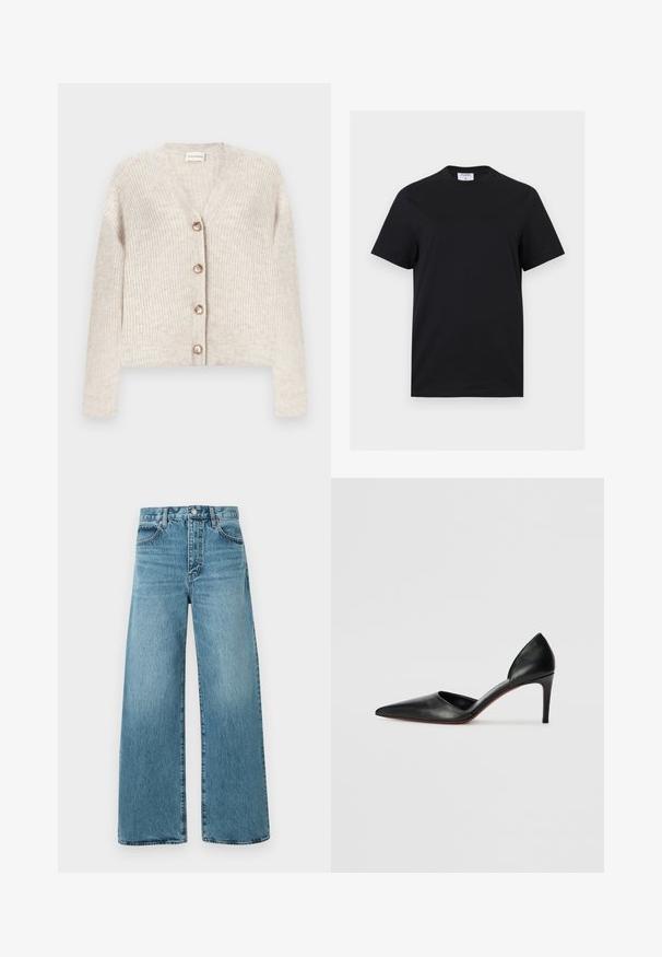 Beige ribstrikket cardigan med V-hals, lange ærmer og fire knapper foran, lagt fladt på en hvid baggrund.; Sort kortærmet T-shirt med rund hals og en hvid label med teksten "FILIPPA K" indeni bagpå kraven, vist på en hvid baggrund.; Højtaljede lyseblå denimjeans med vide ben, lukkes med knapper foran og har det traditionelle fem-lomme design på en ensfarvet baggrund.; Sorte læder højhælede pumps med spidse tæer, åbne sider og en slank silhuet. Har en tynd hæl og rød sål som accent.