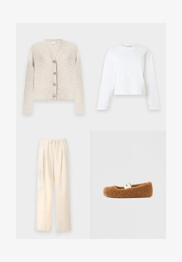 Beige ribstrikket cardigan med V-hals, lange ærmer og fire knapper foran, lagt fladt på en hvid baggrund.; Hvid langærmet crop top lavet af blød bomuld. Har rund halsudskæring og lige kant. Enkel, minimalistisk design uden mønstre.; Beige plisserede bukser med elastisk talje og justerbar snor. Letvægtsstof og bred, lige ben design.; Brun, blød hjemmesko med en blød sål og en hvid elastisk rem over toppen på en helt hvid baggrund.