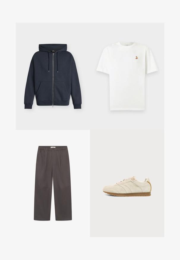 Marineblauwe hoodie met volledige rits, voorzakken (kangoeroezakken), capuchon met trekkoord en geribde boorden en zoom op een witte achtergrond.; Wit T-shirt met korte mouwen, kleine geborduurde voslogo op de linkerborst en een ronde halslijn.; Grijze, wijde broek van soepel stof, met een knoopsluiting en twee zijzakken. Eenvoudig, strak ontwerp zonder zichtbare patronen.; Beige suède sneaker met rubberen zool, vetersluiting aan de voorkant en subtiele stikseldetails op een effen lichtgrijze achtergrond.