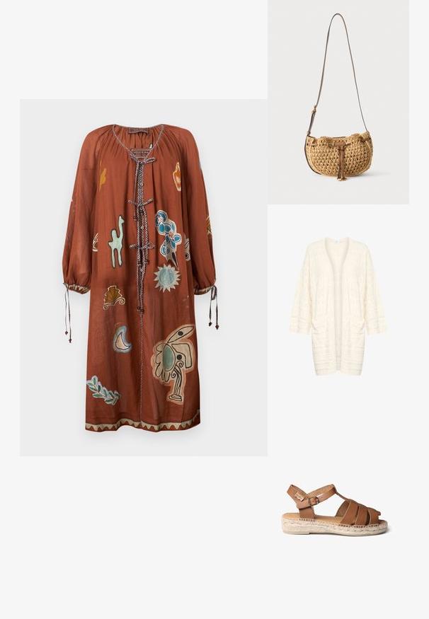Cardigan léger en crème avec un devant ouvert, présentant un motif floral texturé et deux poches avant. Manches longues avec coupe décontractée.; Robe à manches longues couleur rouille avec fermetures à nouer, poignets élastiques, et motifs floraux et feuilles abstraits en bleu, vert, jaune et beige.; Sandale en cuir marron avec semelle en corde tressée, présentant un design à lanières, une boucle réglable à la cheville et une texture lisse.; Petit sac d'épaule tressé beige avec bandoulière en cuir marron réglable et détail de lien en cuir à l'avant, suspendu sur fond blanc.