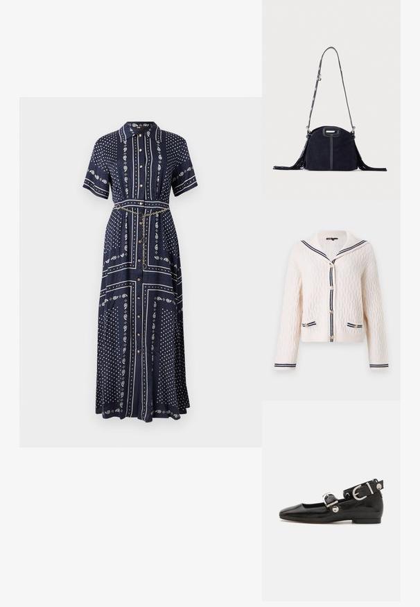 Cardigan blanc en maille torsadée avec rayures bleu marine sur le col marin, la patte de boutonnage, les poignets et les bordures des poches, orné de boutons dorés et manches longues.; Robe longue bleu marine à manches courtes, motifs cachemire et points blancs, boutons à l'avant, col, et une fine ceinture chaîne dorée à la taille.; Ballerine en cuir verni noir avec un bout carré, sangle de cheville avec des détails en métal argenté et semelle plate. Texture lisse avec un design minimaliste.; Sac à main en daim bleu foncé avec des coutures blanches, une poignée découpée, une bandoulière à motif et de longues franges des deux côtés.