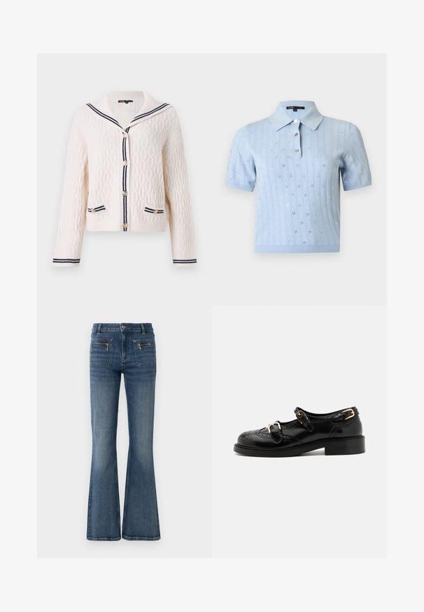 Hvid kabelstrikket cardigan med marineblå striber på sømandsskrave, knapklap, manchetter og lommekanter, med guldknapper og lange ærmer.; Lyseblå kortærmet strikket polo med blomster-øjelets mønster og tre knapper foran på en ensfarvet baggrund.; Blå denim jeans med flare ben og en middelhøj talje, med for- og baglommer samt en subtil falmet vask.; Sorte lædersko med brogue-detaljer, der har to spænder, rund tå og lav hæl. Glat tekstur med blank finish.