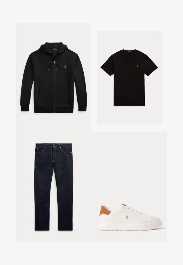 Čierna mikina na zips s prednými vreckami, nastaviteľnou kapucňou so sťahovacou šnúrkou a malým bielym logom Polo Ralph Lauren na ľavej strane hrudníka.; Čierne tričko s krátkym rukávom a guľatým výstrihom s malým farebným logom Polo Ralph Lauren na ľavej strane hrudníka.; Tmavomodré džínsy z denimu s piatimi vreckami, zapínaním na gombík a zips a viditeľným zlatým šitím, zobrazené na svetlom pozadí.; Biely nízky teniska s béžovou pätovou záložkou, bielymi šnúrkami a malým vyšívaným logom hráča póla na boku nad tlustou podrážkou.