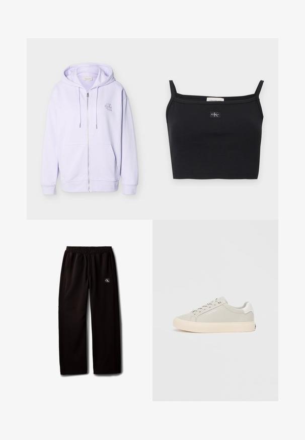 Lyse lilla hættetrøje med lynlås og snore, forlommer og lille broderet "CK"-logo på venstre bryst.; Sort ribstrikket cropped top med tynde stropper og et lille Calvin Klein-logoapplikation midt på brystet.; Sorte vidde bukser med elastisk taljebånd og sidelommer, med en lille Calvin Klein-logo patch på højre lår.; Lys grå sneaker med en glat tekstur, rund tå og hvide snørebånd. Har en beige sål og diskret branding på siden.