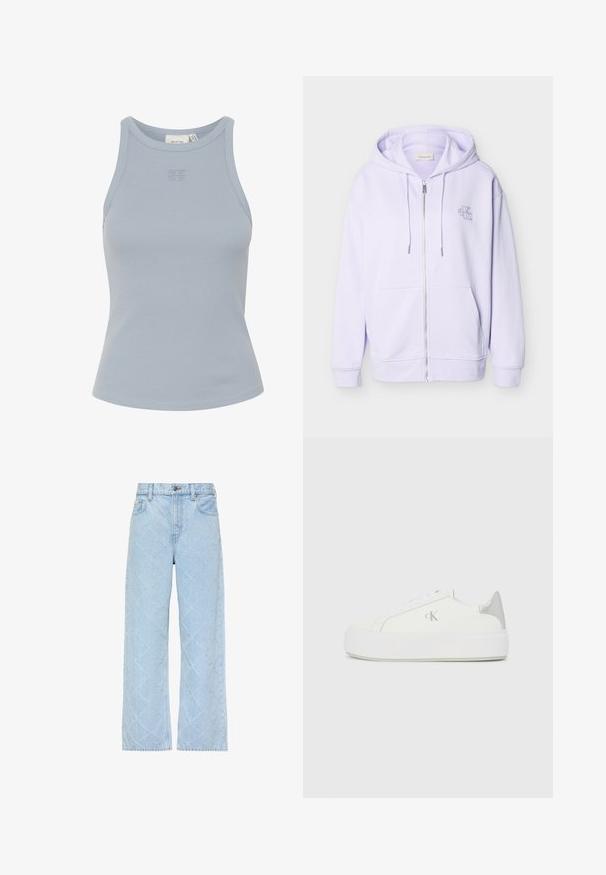 Hele lilla lukuhoody paeladega, esiteks taskutega ja vasakul rinnal väikse tikitud "CK" logoga.; Hea sinine ilma varrukateta ribakujuline tank top, millel on ümmargune dekoltee ja väike logo tikand keskel. Sile tekstuur, tihe siluett.; Hele sinised teksapüksid kõrge vöökohaga ja laia säärega, millel on õrn teemantmustriline tikand kogu ulatuses.; Valged kangast tennisekingad paksu valge tallaga, millel on metallist hõbedane aksent kandadel ja tagasihoidlik logodetail küljel.