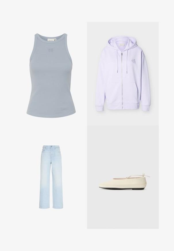 Hele lilla lukuhoody paeladega, esiteks taskutega ja vasakul rinnal väikse tikitud "CK" logoga.; Hea sinine ilma varrukateta ribakujuline tank top, millel on ümmargune dekoltee ja väike logo tikand keskel. Sile tekstuur, tihe siluett.; Kõrge vöökohaga hele sinised laia säärega teksapüksid, ees nupukinnituse ja tõmblukuga, vööaasad ning ees ja taga taskud.; Kreemikaalased lamedad jalanõud ümmarguse varbaga, pahkluu rihmaga ja kontrastse musta kummitaldaga. Sile materjal ja minimaalne detailide hulk.