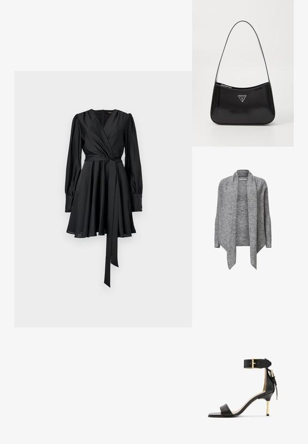 Cardigan en tricot gris avec des manches longues, front ouvert, texture côtelée et col drapé. Matière douce avec un ourlet asymétrique.; Robe noire à manches longues, en satin doux, avec corsage ajusté, jupe évasée et une ceinture assortie. Détails en boutons sur les poignets.; Sandale à talon en cuir noir avec un bout carré, une bride de cheville dotée d'une boucle en or et un talon métallique fin. Texture lisse, design minimaliste.; Sac à épaule en cuir verni noir avec une forme incurvée, présentant un logo triangle en argent et une fermeture éclair. Texture lisse et bandoulière fine.