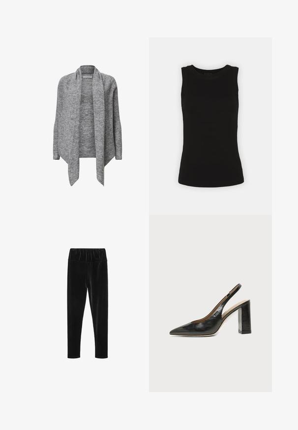 Grå strikket cardigan med lange ærmer, åben front, ribbet tekstur og draperet krave. Blødt materiale med en asymmetrisk kant.; Sort ærmeløs tanktop i ribbet bomuld med rund halsudskæring og tætsiddende silhuet.; Sorte velour leggings med elastisk talje og en glat, skinnende tekstur. Slim fit med tapered ben-design.; Sort læder peep-toe slingback sko med høj blokhæl og beige indvendig foring mod en ensfarvet lys baggrund.