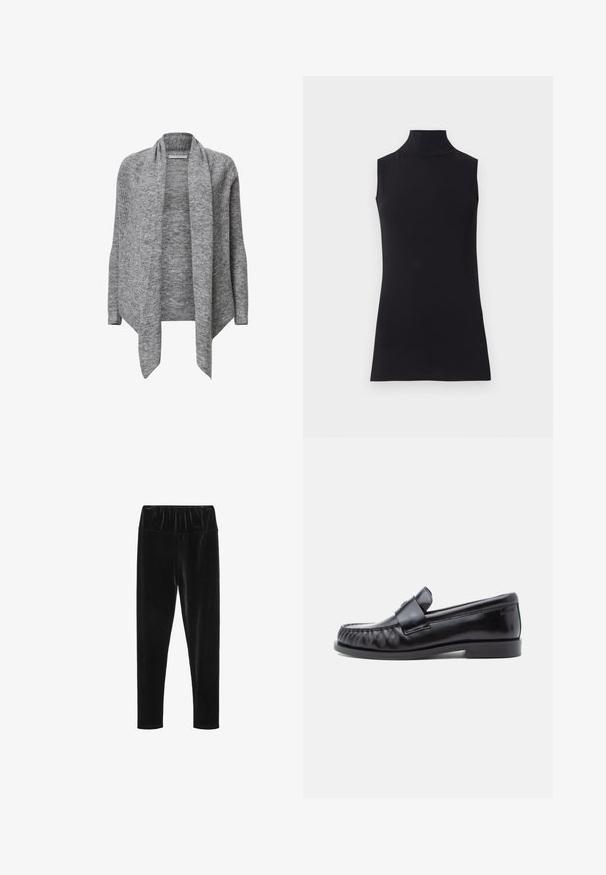 Grå strikket cardigan med lange ærmer, åben front, ribbet tekstur og draperet krave. Blødt materiale med en asymmetrisk kant.; Sort ærmeløs turtleneck top, lavet af glat stof. Figurtilpasset design med høj hals og lige kant, minimalistisk og ensfarvet.; Sorte velour leggings med elastisk talje og en glat, skinnende tekstur. Slim fit med tapered ben-design.; Sorte læderloafers med rundet tå, karakteristisk syning og en dekorativ rem over vampen. Glat finish og lav hæl.