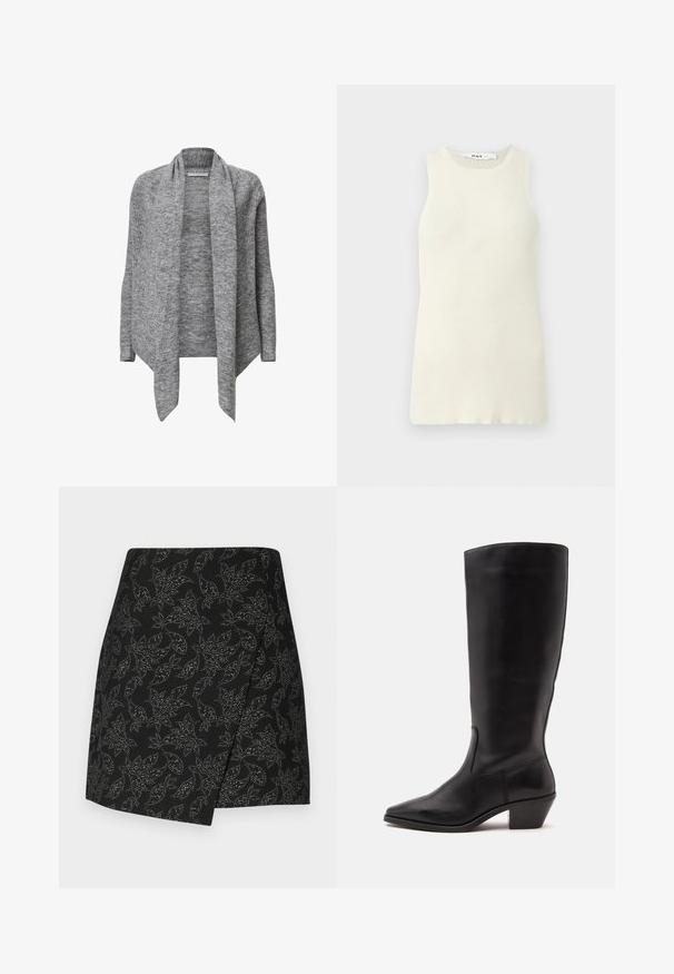 Grå strikket cardigan med lange ærmer, åben front, ribbet tekstur og draperet krave. Blødt materiale med en asymmetrisk kant.; Udenærmet cremet top lavet af ribbet stof, med rund halsudskæring og tætsiddende design. Ingen synlige mønstre eller accenter.; Sort nederdel med et omslagdesign, der har et bladmønster i sølvtoner. Glat tekstur med en asymmetrisk kant, der går til midten af låret.; Sort læderstøvle til midtkalv med spids tå og lavt skråt hæl på en enkel lys baggrund.