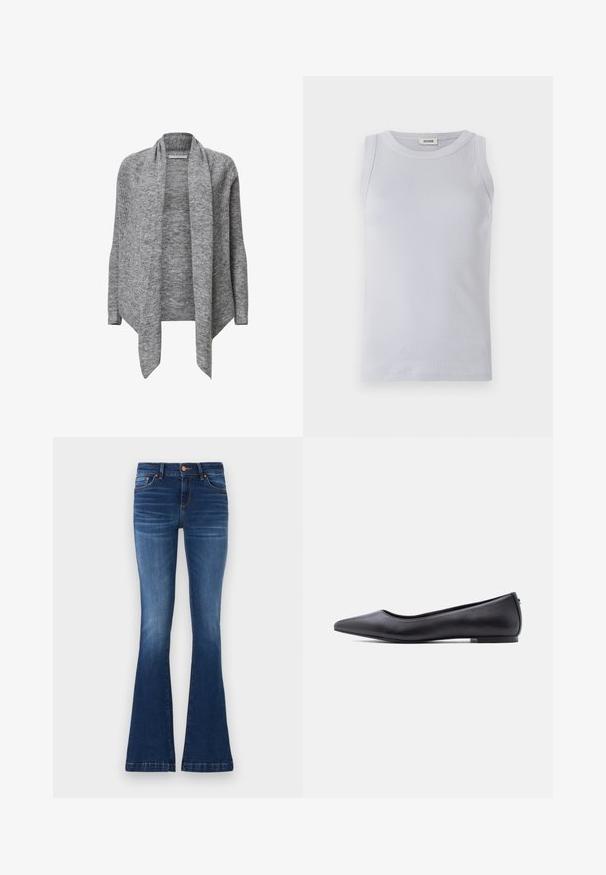 Grå strikket cardigan med lange ærmer, åben front, ribbet tekstur og draperet krave. Blødt materiale med en asymmetrisk kant.; Lyseblå ribbet tanktop med en rund udskæring. Glat tekstur og ærmeløst design med et diskret mærke på udskæringen.; Udvidede blå jeans lavet af denim, med en mellemhøj talje, fem lommer og kontrasterende syninger langs sømmene.; Sort flad lædersko med spidst tåparti og lav hæl, vist i sideprofil mod en hvid baggrund.