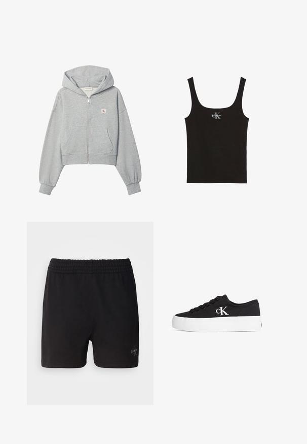 Lichtgrijze cropped hoodie met rits, voorzakken, elastische boorden en een klein Calvin Klein-logo op de linkerborst.; Zwarte katoenen tanktop met een ronde hals en brede schouderbanden. Voorzien van een klein bedrukt "Calvin Klein"-logo aan de voorkant.; Zwarte katoenen shorts met een elastische tailleband en het Calvin Klein-logo in zilver in de rechteronderhoek. Gladde textuur.; Zwarte lage canvas sneaker met een dikke witte plateauzool en een wit "cK"-logo aan de zijkant, vastgesnoerd, weergegeven in het rechterprofiel.