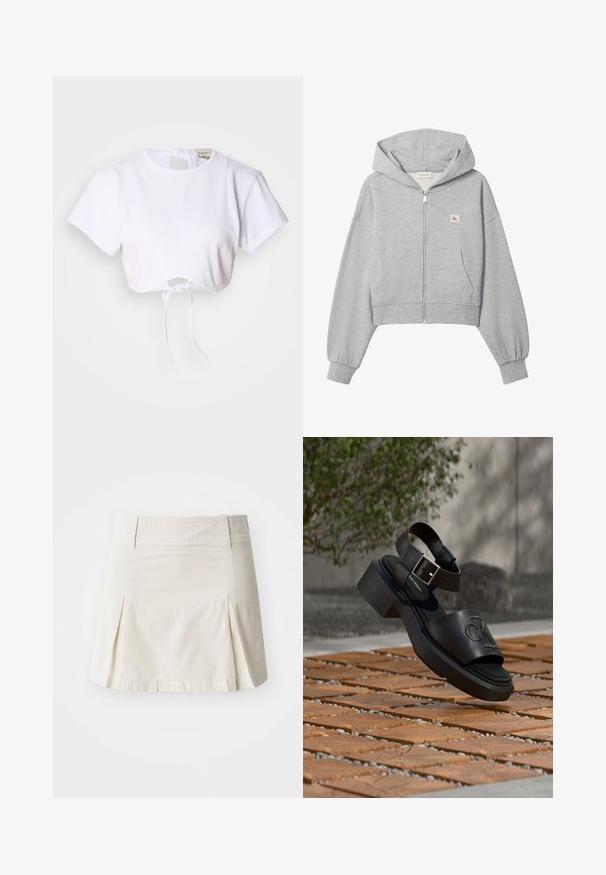 Svetlosivá krátka mikina na zips s prednými vreckami, elastickými lemami a malým logom Calvin Klein na ľavej strane hrude.; Biele skrátené tričko vyrobené z hladkej tkaniny. Má okrúhly výstrih, krátke rukávy a na spodnej strane je šnúrka na úpravu.; Svetlo béžová bavlnená sukňa s priliehavým pásom, skladaným dizajnom a priamym lemom, s hladkou textúrou a bez viditeľného kovania.; Čierna kožená sandála Calvin Klein s remienkom okolo členka a prackou vznášajúca sa nad vonkajšou drevenou a kamennou dlažbou.