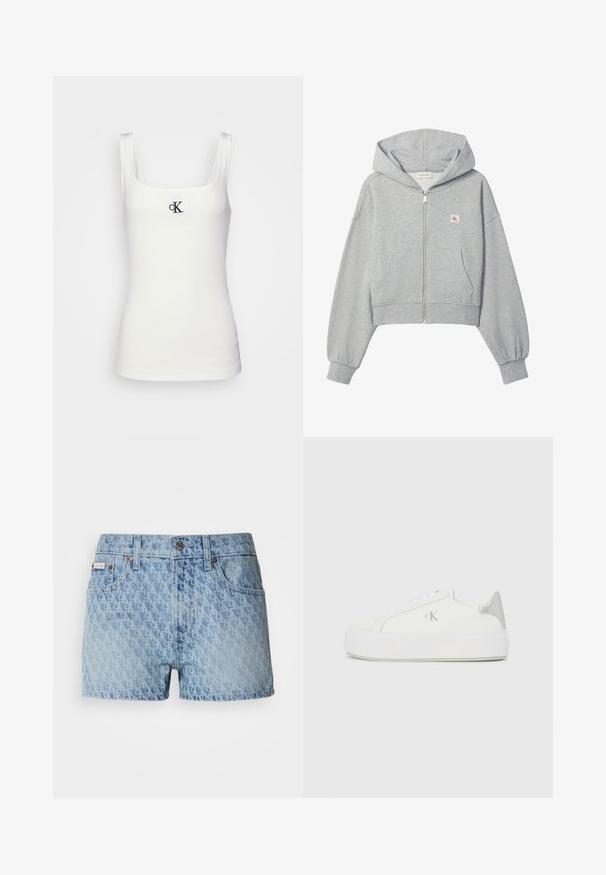 Lysegrå cropped hættetrøje med lynlås, forlommer, elastiske manchetter og lille Calvin Klein-logo på venstre bryst.; Hvid bomulds tanktop med firkantet udskæring og smalle stropper. Har et lille sort broderet CK-logo på forsiden.; Denimshorts i lyseblå med et tekstureret, gentagende mønster. Har en knaplukning og et rødt mærke på venstre lomme.; Hvide lærredssneakers med en tyk hvid sål, prydet med en metallic sølvaccent på hælen og en diskret logo-detalje på siden.