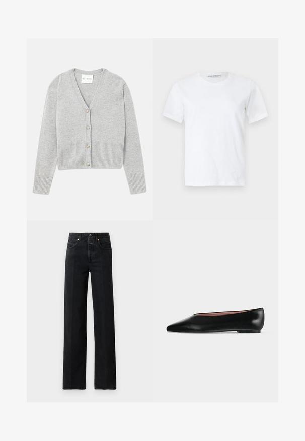 Cardigan en mélange de laine gris avec un col en V, des manches longues, un bord côtelé et cinq boutons ronds à l'avant. Texture douce, design classique.; T-shirt blanc uni à manches courtes et col rond, posé à plat sur un fond clair, vue de face avec une petite étiquette de marque visible à l'intérieur du col.; Jeans en denim noir avec une coupe droite. Comprend cinq poches, une fermeture bouton et des détails de couture minimalistes. Design classique.; Chaussure plate en cuir noir pour femme, avec bout pointu et petit talon, vue de côté sur un fond gris clair uni.
