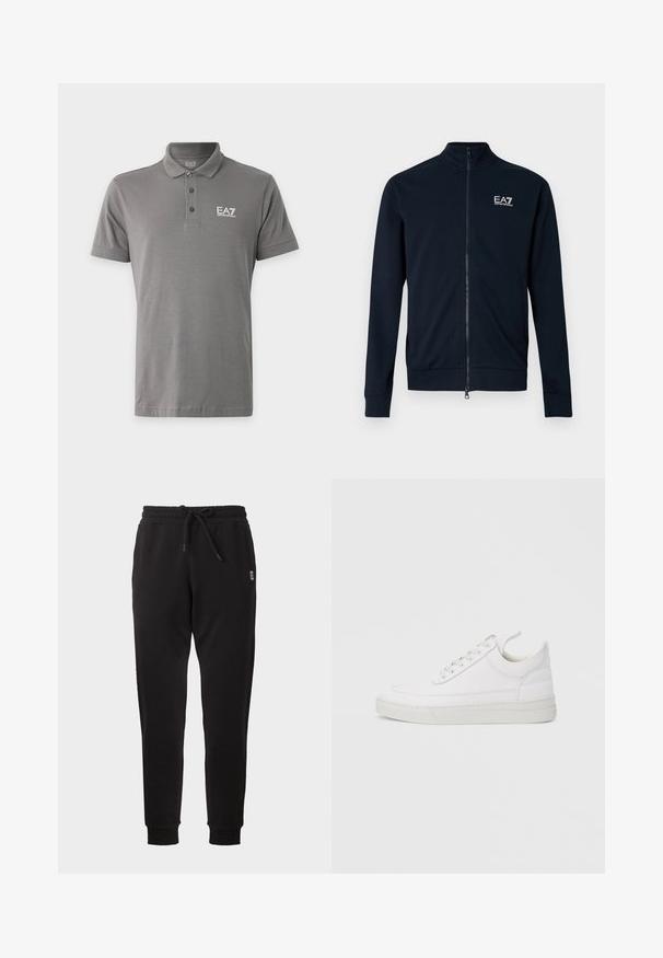 Sweat-shirt zippé bleu marine avec col montant, fabriqué en tissu lisse. Comprend un petit logo EA7 sur la poitrine et des poignets ajustés.; Polo gris à manches courtes avec trois boutons et logo blanc "EA7 Emporio Armani" sur la poitrine gauche.; Pantalon de survêtement noir fuselé avec taille élastique, cordon, poches latérales et poignets côtelés, présenté sur fond uni.; Baskets en cuir blanc avec un embout arrondi, une semelle plate et un laçage à l'avant. Présentent des détails de couture et un col rembourré pour plus de confort.