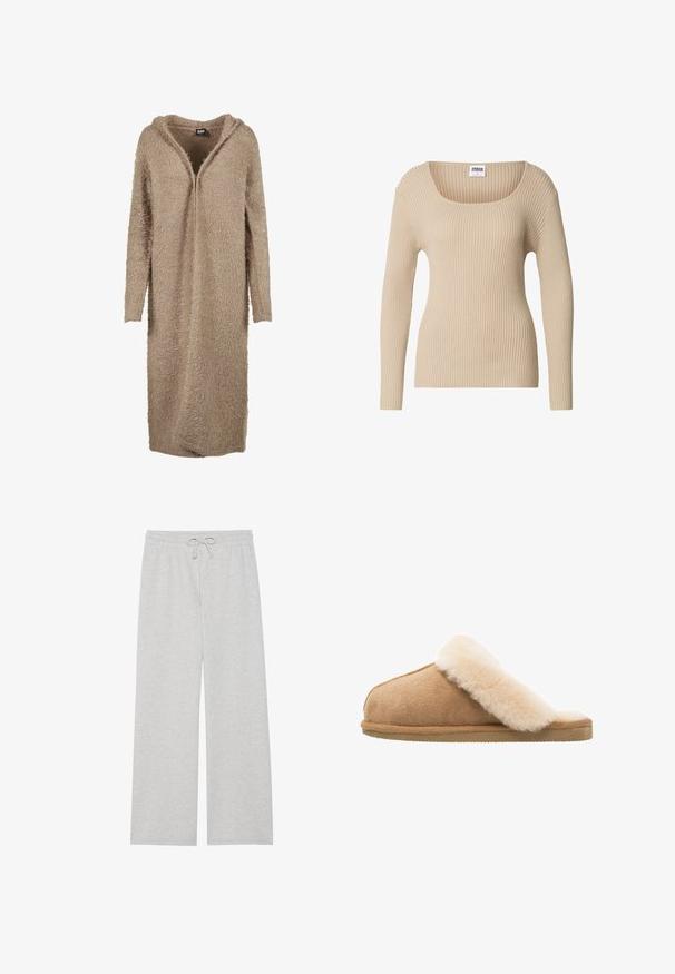 Beige hætte cardigan lavet af blødt, fluffy garn. Har en lang, åben front og lange ærmer med en struktureret, fluffy overflade.; Beige ribstrikket sweater med firkantet halsudskæring og lange ærmer, lavet af blødt, tekstureret stof. Enkel design egnet til lag-på-lag.; Lys grå træningsbukser i blød bomuldsblanding, med en vidde ben-design, elastisk talje med justerbar snor og uden lommer.; Beige ruskind slip-on hjemmesko med en blød, fluffy creme lammeskindsforing. Har en flad, tekstureret gummisål for godt greb.
