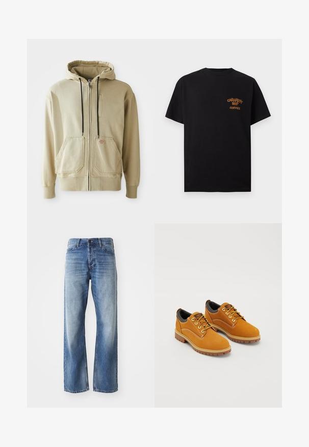 Beige Zip-Hoodie mit schwarzen Kordeln, zwei Fronttaschen, gerippten Bündchen und einem kleinen rechteckigen Logopatch auf der rechten Tasche.; Schwarzes T-Shirt mit kurzen Ärmeln und kleinem braunen Schriftzug „Carhartt WIP Coffee“ auf der linken Brustseite.; Blaue Jeans mit geradem Bein aus Denim, mit leichtem Verblassen an den Oberschenkeln und Knien, ausgestattet mit fünf Taschen und einem Knopfverschluss.; Braune Wildlederschuhe mit einer runden Zehenpartie, gelben Schnürsenkeln, einem gepolsterten schwarzen Kragen und Gummisohlen mit Rillen für besseren Halt.