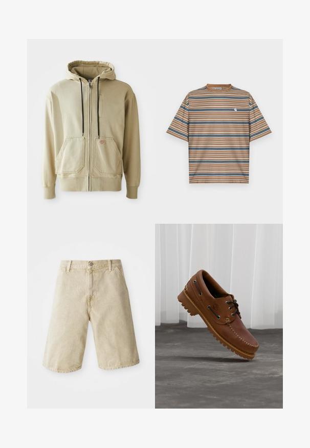 Sweat à capuche beige zippé avec cordons de serrage noirs, deux poches avant, poignets côtelés, et un petit logo rectangulaire sur la poche droite.; T-shirt à manches courtes rayé marron, affichant des rayures horizontales en bleu, blanc et marine. Comprend un petit logo blanc sur la poitrine.; Shorts en denim beige avec une coupe droite, cinq poches, fermeture à bouton et zip à l'avant, et un léger délavage sur le tissu.; Chaussure de bateau en cuir marron avec des lacets noirs, des coutures beiges et une semelle robuste, suspendue au-dessus d'un sol en béton gris.