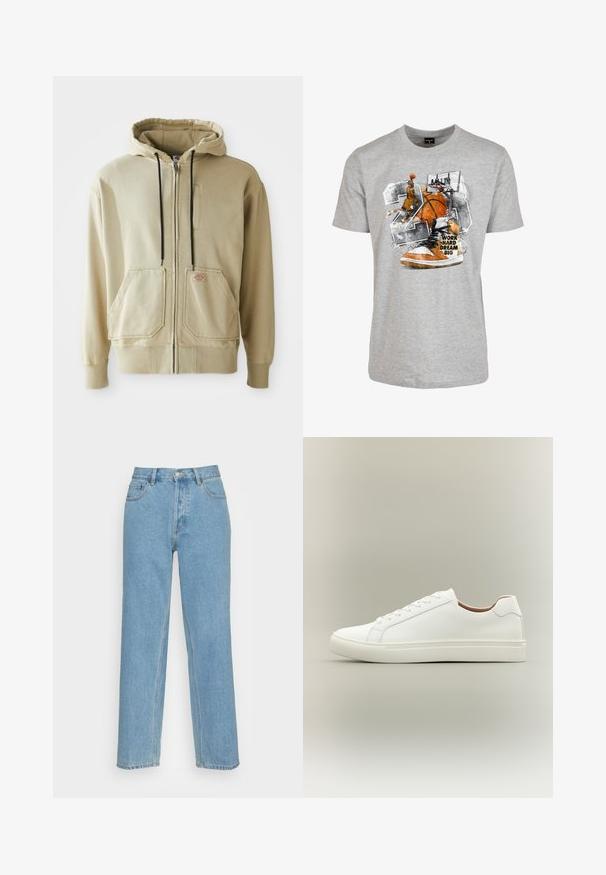 Beige Zip-Hoodie mit schwarzen Kordeln, zwei Fronttaschen, gerippten Bündchen und einem kleinen rechteckigen Logopatch auf der rechten Tasche.; Graues Baumwoll-T-Shirt mit einem Grafikdruck eines Basketballspielers, einem Basketball, Sneakers und dem Text "HARTE ARBEIT, GROßE TRÄUME."; Helle blaue gerade geschnittene Jeans aus Denim mit einem klassischen Fünf-Taschen-Design, einem vorderen Knopfverschluss und sichtbaren Nähdetails.; Weißer Sneaker mit niedrigem Schaft, Schnürverschluss und flacher Sohle, seitlich auf neutralem Hintergrund gezeigt.