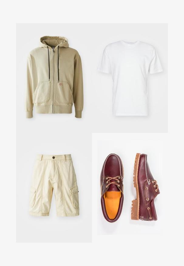 Sweat à capuche beige zippé avec cordons de serrage noirs, deux poches avant, poignets côtelés, et un petit logo rectangulaire sur la poche droite.; T-shirt en coton blanc à manches courtes, encolure ronde et texture lisse. Design simple sans motifs ni graphiques.; Shorts cargo à mi-genoux en tissu beige clair avec une fermeture à bouton, deux grandes poches latérales et des détails de coutures visibles.; Chaussures en cuir bourgogne avec semelles en caoutchouc marron, bout rond, couture blanche et œillets dorés. L'intérieur présente une doublure jaune.
