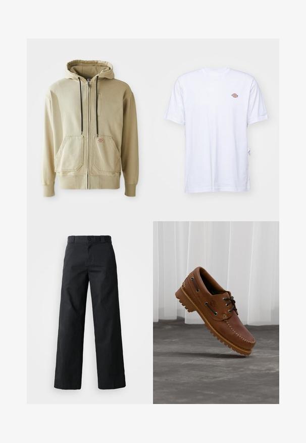 Beige zip-up hoodie met zwarte trekkoorden, twee voorzakken, geribde manchetten en een klein rechthoekig logopatch op de rechterzak.; Witte katoenen t-shirt met een v-hals en korte mouwen. Kenmerkt zich door een klein kleurrijk geborduurd logo op de linkerkant van de borst. Zachte textuur.; Zwarte wijde broek van katoen. Voorzien van een knoopsluiting, riemlussen en zijzakken. Gladde textuur met een op maat gemaakte snit.; Bruine leren bootschoen met zwarte veters, beige stiksel en een robuuste zool, zwevend boven een grijze betonnen vloer.