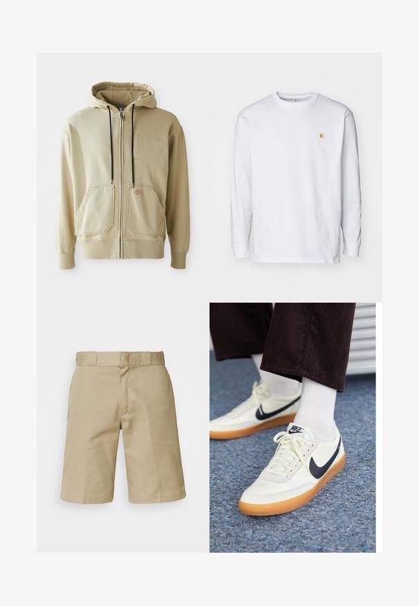 Beige mikina na zips s čiernymi šnúrkami, dvoma prednými vreckami, rebrovanými manžetami a malou obdĺžnikovou nášivkou na pravom vrecku.; Biely tričko s dlhým rukávom z bavlny. Na hrudi má malé zlaté logo a okrúhly výstrih. Jednoduchý dizajn a štandardný strih.; Khaki šortky s plochým predným dizajnom, prešitým pásom so slučkami na opasok a dvoma bočnými vreckami. Vyrobené z ľahkého materiálu.; Nike tenisky z bielej kože s námorníckym swooshom, s gumovou podrážkou a bielymi šnúrkami, skombinované s bielymi ponožkami a tmavými kordovým nohavicami.