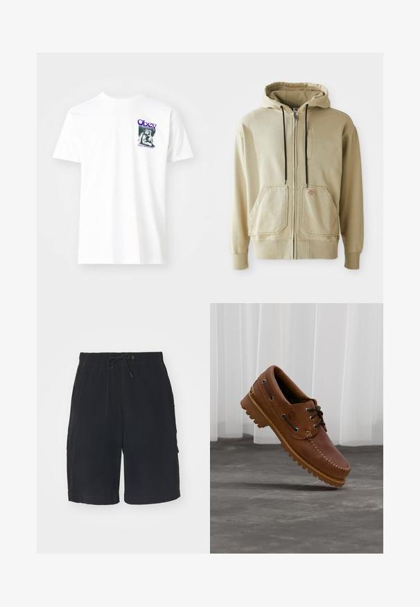 Sweat à capuche beige zippé avec cordons de serrage noirs, deux poches avant, poignets côtelés, et un petit logo rectangulaire sur la poche droite.; T-shirt en coton blanc avec un imprimé graphique en violet, représentant une figure assise avec le texte "Obey" et "Stop Worry Now!" en noir.; Shorts cargo noirs avec une taille élastique, un cordon de serrage, des poches latérales et des coutures contrastées. Fabriqués en tissu léger.; Chaussure de bateau en cuir marron avec des lacets noirs, des coutures beiges et une semelle robuste, suspendue au-dessus d'un sol en béton gris.