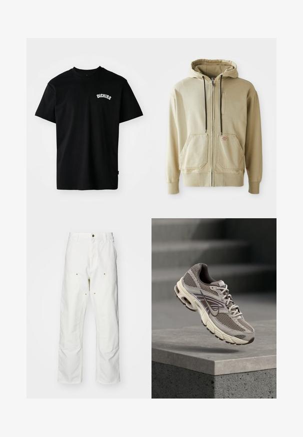 Beige Zip-Hoodie mit schwarzen Kordeln, zwei Fronttaschen, gerippten Bündchen und einem kleinen rechteckigen Logopatch auf der rechten Tasche.; Schwarzes Baumwoll-T-Shirt mit kurzen Ärmeln und Rundhalsausschnitt. Mit einem weißen, geschwungenen Logo "DICKIES" auf der Brust. Schlichtes Design, ohne Muster.; Weiße Baumwoll-Cargohose mit lockerer Passform. Zu den Merkmalen gehören Fronttaschen, goldfarbene Hardware-Akzente und verstärkte Kniebereiche.; Grau-beiger Nike-Laufschuh, der in der Luft über einer Betonbrüstung schwebt, mit verschwommenen Treppen im Hintergrund.