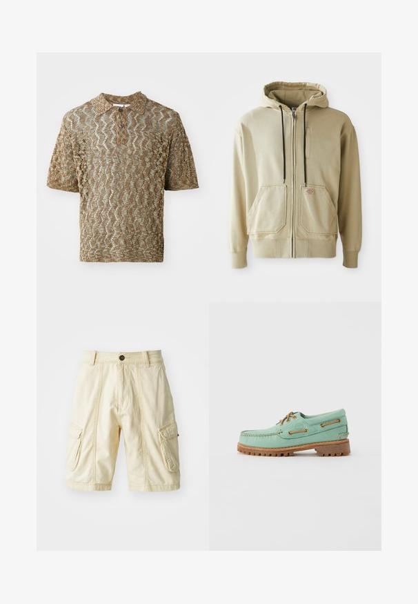 Beige mikina na zips s čiernymi šnúrkami, dvoma prednými vreckami, rebrovanými manžetami a malou obdĺžnikovou nášivkou na pravom vrecku.; Polo tričko s krátkym rukávom v béžovej farbe, textúrované s vlnitými vzormi. Obsahuje golier a jeden hnedý gombík pri krku.; Kraťasy až po kolená v svetlo béžovej látke s gombíkovým zapínaním, dvoma veľkými bočnými vreckami a viditeľnými švovými detailami.; Svetlozelená kožená topánka na lodičky s hnedými šnúrkami a očkami, s hrubou textúrovanou gumovou podrážkou a prešitým detailom pozdĺž okrajov.