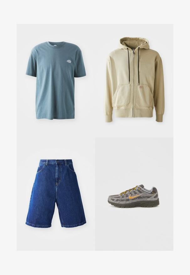 Sudadera con cremallera en color beige, con cordones negros, dos bolsillos frontales, puños acanalados y una pequeña placa de logo rectangular en el bolsillo derecho.; Camiseta de algodón azul con mangas cortas y cuello redondo. Presenta un pequeño logotipo bordado en el lado izquierdo del pecho. Textura suave y corte holgado.; Shorts de mezclilla con un lavado azul, con una cintura alta, dos bolsillos delanteros y costuras amarillas a lo largo de las costuras.; Zapatilla de ante gris con acentos dorados, paneles texturizados y cordones a juego. Cuenta con una suela acolchada y un detalle de logotipo en el lateral.
