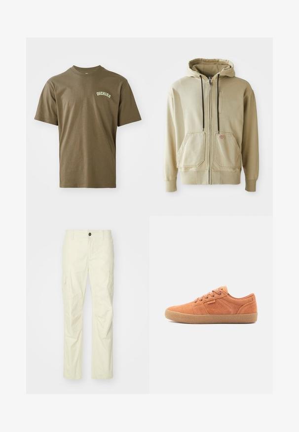 Beige Zip-Hoodie mit schwarzen Kordeln, zwei Fronttaschen, gerippten Bündchen und einem kleinen rechteckigen Logopatch auf der rechten Tasche.; Olivgrünes Baumwoll-T-Shirt mit kurzen Ärmeln, Rundkragen und einem kleinen weißen "Dickies"-Logo auf der linken Brust. Glatte Textur.; Beige Cargo-Hosen aus leichtem Stoff, mit Seitentaschen, Knopfverschluss und geradem Bein. Glatte Textur mit maßgeschneiderten Nähten.; Sandfarbene Wildledersneaker mit texturiertem Obermaterial, runder Zehenpartie und Gummisohle. Verfügt über eine Schnürdesign und gestickte Akzente an den Seiten.
