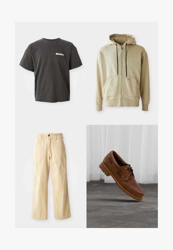 Beige zip-up hoodie met zwarte trekkoorden, twee voorzakken, geribde manchetten en een klein rechthoekig logopatch op de rechterzak.; Donkergrijze t-shirt met korte mouwen en het logo "Dickies." in het wit op de linkerkant van de borst, ronde hals en een relaxed fit.; Beige wijde broek van katoen. Heeft een hoge taille, twee zijzakken met een vlak design en een enkele knoopsluiting.; Bruine leren bootschoen met zwarte veters, beige stiksel en een robuuste zool, zwevend boven een grijze betonnen vloer.