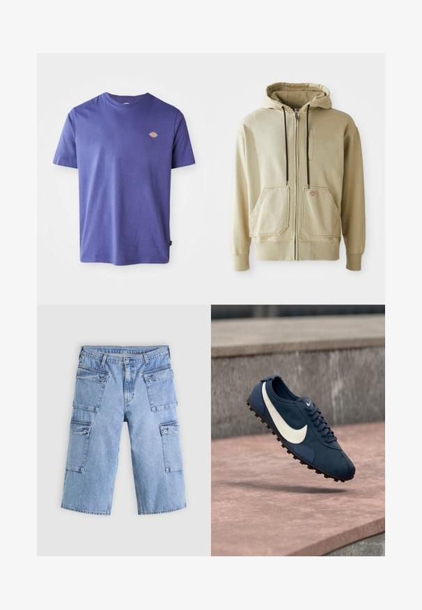 Sweat à capuche beige zippé avec cordons de serrage noirs, deux poches avant, poignets côtelés, et un petit logo rectangulaire sur la poche droite.; T-shirt en coton violet avec un col rond et des manches courtes. Présente un petit logo sur la poitrine. Texture lisse, coupe décontractée.; Shorts cargo en denim bleu clair avec quatre poches à rabat et fermetures à bouton, présentés à plat sur un fond clair.; Chaussure de sport Nike bleue avec logo swoosh blanc, semelle noire à crampons et lacets, suspendue au-dessus d'une surface en pierre.