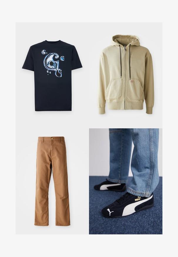 Sudadera con cremallera en color beige, con cordones negros, dos bolsillos frontales, puños acanalados y una pequeña placa de logo rectangular en el bolsillo derecho.; Camiseta de algodón negra con una letra "G" en estilo metálico brillante y burbujas en tonos de azul. Tienes mangas cortas y un ajuste clásico.; Pantalones rectos marrones con pasadores para cinturón, bolsillos frontales, cierre de botón y cremallera sobre un fondo blanco.; Zapatillas de ante negras con acentos blancos, que presentan un logo dorado. Combinadas con unos jeans de mezclilla azul claro y colocadas sobre una superficie texturizada azul.