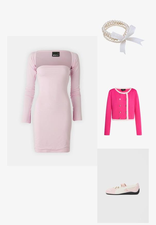Fuchsia kort cardigan med lange ærmer, hvid kant og sølvfarvede knappeaccentueringer. Lavet af et blødt, struktureret stof.; Lyserød tætsiddende kjole med lange ærmer, firkantet halsudskæring, glat tekstur og en gennemsigtig øverste del. Længden når midt på låret. Etiketten er synlig indeni.; Rosa ruskind slip-on sko med hvide detaljer, gummisål og elastiske stropper. Har et tekstureret design og et lille logo på fronten.; Hvid perlearmbånd med flere tråde, der har forskellige størrelser af perler. Bundet med en gennemsigtig hvid båndsløjfe.