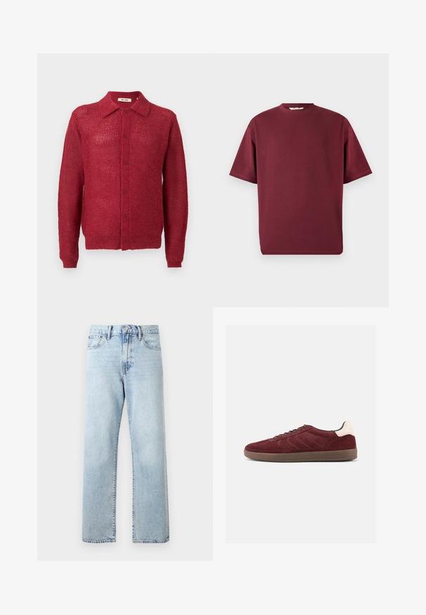 Cardigan rouge en tricot avec un devant à boutons, un col et des poignets côtelés. Présente un motif en tissage ouvert et une coupe décontractée.; T-shirt bordeaux à manches courtes et col rond avec une coupe décontractée, présenté sur un fond gris clair uni.; Jean en denim bleu clair taille haute à jambes droites avec poches avant, fermeture par boutons et passants de ceinture sur fond uni.; Baskets en daim bordeaux avec fermeture à lacets, détails texturés sur les côtés et accent de talon clair. Semelle en gomme avec une finition lisse.