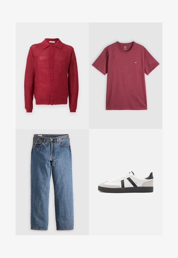 Cardigan de punto rojo con cierre de botones en la parte delantera, cuello y puños acanalados. Presenta un patrón de tejido abierto y un ajuste relajado.; Camiseta lisa de manga corta color burdeos con cuello redondo y una pequeña etiqueta con el logo rojo de Levi's en el pecho izquierdo.; Jeans de mezclilla azul con un corte recto, que cuentan con una cintura alta, remaches de cobre y costuras naranjas. Incluyen bolsillos delanteros y traseros.; Zapatilla blanca con acentos en negro y gris, que presenta una puntera texturizada en gris, suela de goma negra y cordones planos blancos. Diseño limpio, estilo minimalista.