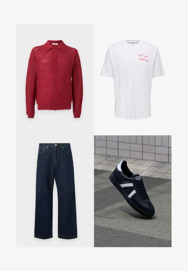 Roter gestrickter Cardigan mit Knöpfen vorne, Kragen und gerippten Bündchen. Verfügt über ein offenes Strickmuster und eine lockere Passform.; Weißes T-Shirt mit kurzen Ärmeln und rotem Schriftzug "OUT OF OFFICE" auf der linken oberen Brust und rundem Halsausschnitt.; Dunkelblaue Denim-Jeans mit geraden Beinen, die ein klassisches Fünf-Taschen-Design, kontrastierende Nähte und ein kleines farbiges Etikett an der Seite aufweisen.; Schwarze Leder-Sneaker mit weißen Streifen, strukturiertem Gummisohle und Schnürung. Verfügt über ein Markenetikett auf der Zunge.
