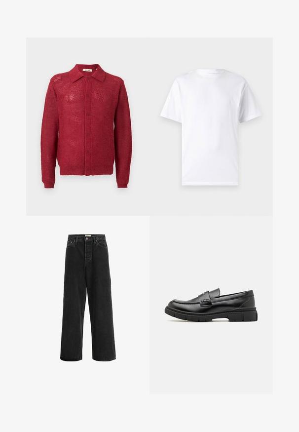 Rød strikket cardigan med knaplukning foran, krave og ribbede manchetter. Har et åbent vævemønster og en afslappet pasform.; Hvid kortærmet t-shirt lavet af bomuld med rund hals, der har en glat tekstur og et simpelt design uden mønstre eller accenter.; Sorte brede jeans lavet af denim. Har høj talje, to forlommer, knaplukning og diskrete stikninger.; Sort læder loafersko med en bred rem over forfoden, gummisål med tykke mønstre og glat overflade. Klassisk, slankt design.