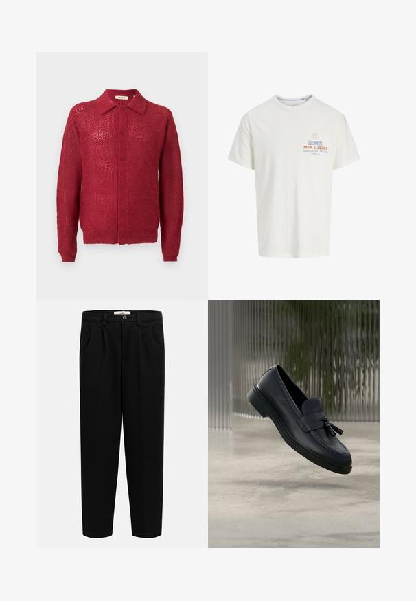 Cardigan rouge en tricot avec un devant à boutons, un col et des poignets côtelés. Présente un motif en tissage ouvert et une coupe décontractée.; T-shirt blanc à manches courtes avec un petit motif de soleil et le texte "Jack & Jones," "Big Wave Lines," et "Sun, Surf & Good Times" sur la poitrine.; Pantalon noir taille haute à jambes droites avec passants pour ceinture, plis sur le devant, poches latérales et fermeture par bouton à la taille.; Mocassins en cuir noir avec une texture lisse, un bout arrondi et des pampilles décoratives à l'avant. Semelle en caoutchouc flexible avec un petit talon.
