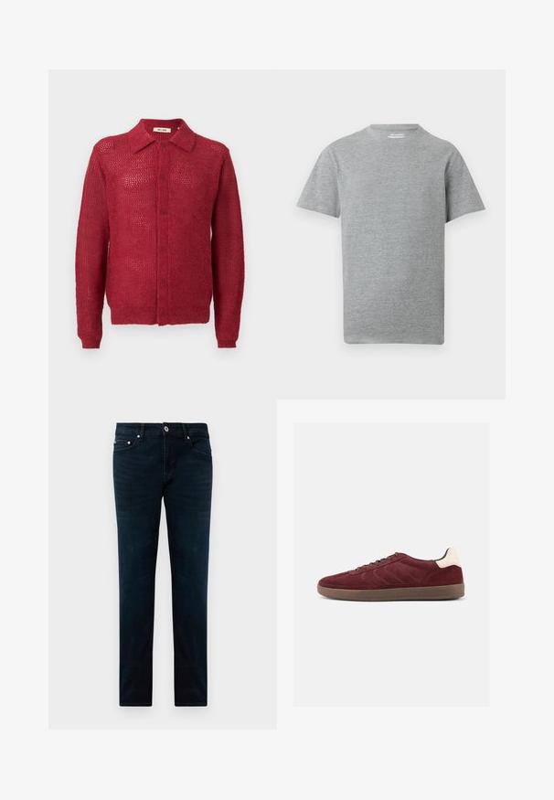 Roter gestrickter Cardigan mit Knöpfen vorne, Kragen und gerippten Bündchen. Verfügt über ein offenes Strickmuster und eine lockere Passform.; Einfarbiges graues T-Shirt mit kurzen Ärmeln und Rundhalsausschnitt mit einem kleinen weißen "ONLY & SONS"-Etikett innen am Kragen.; Dunkelblaue Slim-Fit-Jeans mit vorderem Knopf, Reißverschluss, Gürtelschlaufen und fünf Taschen, flach auf einem weißen Hintergrund ausgelegt.; Bordeauxrote Veloursledersneaker mit Schnürung vorne, strukturierten seitlichen Details und hellfarbigem Fersenakzent. Gummisohle mit glatter Oberfläche.
