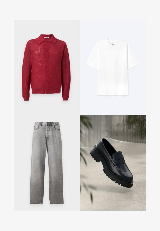 Cardigan rouge en tricot avec un devant à boutons, un col et des poignets côtelés. Présente un motif en tissage ouvert et une coupe décontractée.; T-shirt blanc uni à manches courtes et col rond avec une coupe décontractée, présenté sur un fond clair.; Jeans larges gris en denim. Présente une taille haute, cinq poches et une fermeture par bouton et zip. Légère décoloration sur le tissu.; Mocassins en cuir noir avec une semelle à crampons épaisse, dotés d'une sangle décorative et de détails de couture. Texture lisse avec une finition polie.
