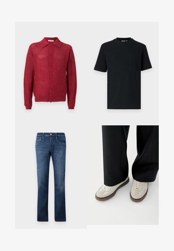 Rød strikket cardigan med knaplukning foran, krave og ribbede manchetter. Har et åbent vævemønster og en afslappet pasform.; Sort kortærmet ribstrikket T-shirt med rund hals og et lille synligt mærke indeni kraven.; Blå denimjeans med lige bendesign, der har forlommer, lynlås og knaplukning. Mellem vask med subtile falmede områder.; Fødder iført beige sneakers med brune såler og sorte bukser med vide ben på hvid baggrund.