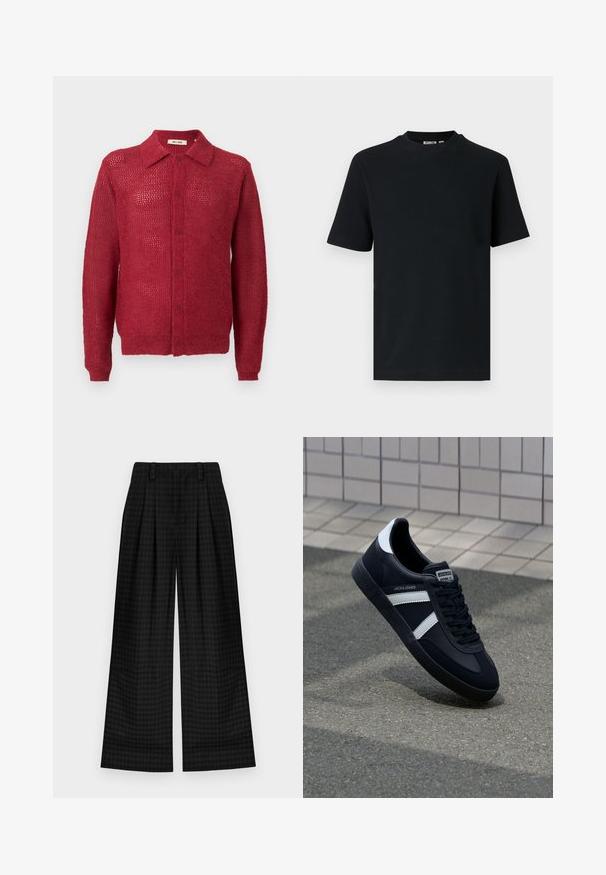 Rode gebreide cardigan met knoopsluiting aan de voorkant, kraag en geribde manchetten. Heeft een open weefpatroon en een relaxte pasvorm.; Zwart, geribd, gebreid T-shirt met korte mouwen en ronde hals, met een klein zichtbaar label aan de binnenkant van de kraag.; Zwarte geruite wijde broek met plooien, voorzien van een gladde textuur en klassiek ontwerp. Lichtgewicht stof voor comfort.; Zwarte leren sneaker met witte strepen, een gestructureerde rubberen zool en vetersluiting aan de voorkant. Voorzien van een merklabel op de tong.